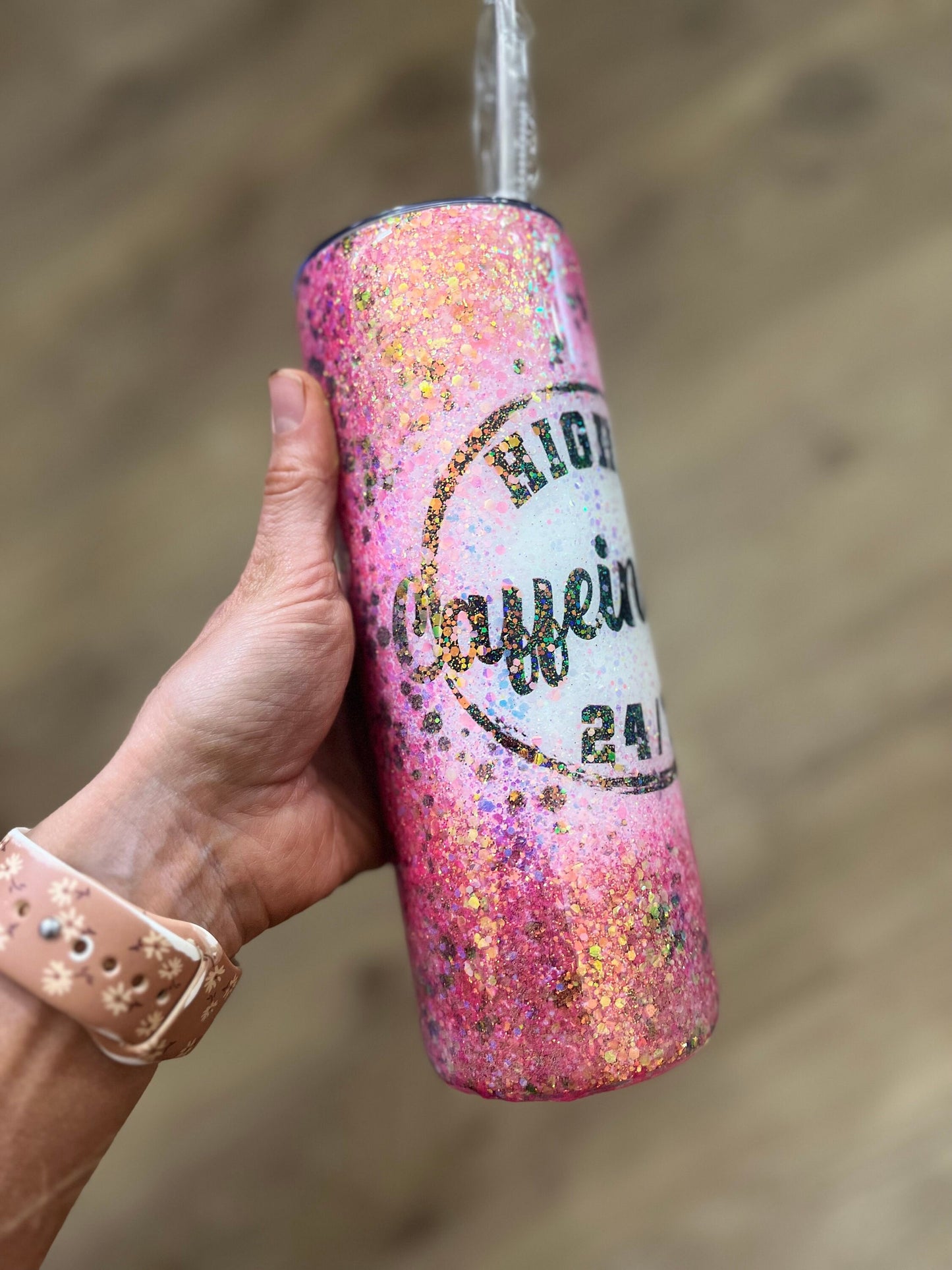 Highly Caffeinated 24/7 Tumbler Pink Handmade Tumbler Epoxy Coffee Lover Coffee Cup Iced Coffee Cup Coffee Accessories Leopard Print Tumbler