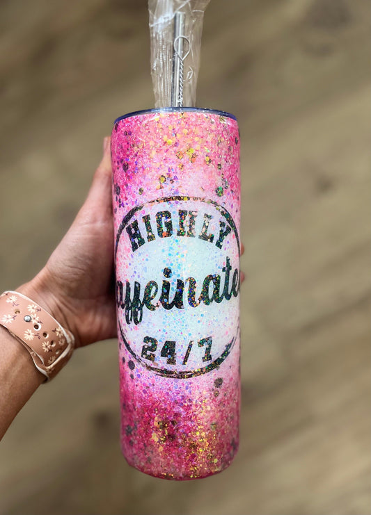 Highly Caffeinated 24/7 Tumbler Pink Handmade Tumbler Epoxy Coffee Lover Coffee Cup Iced Coffee Cup Coffee Accessories Leopard Print Tumbler
